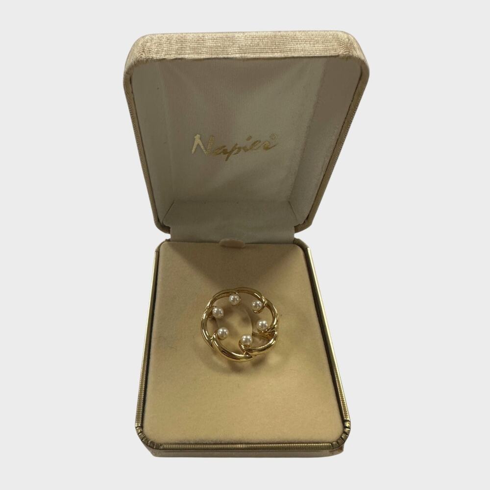 Napier Circle Of Pearls Goldtone Brooch In Original Box Faux Pearl Pin